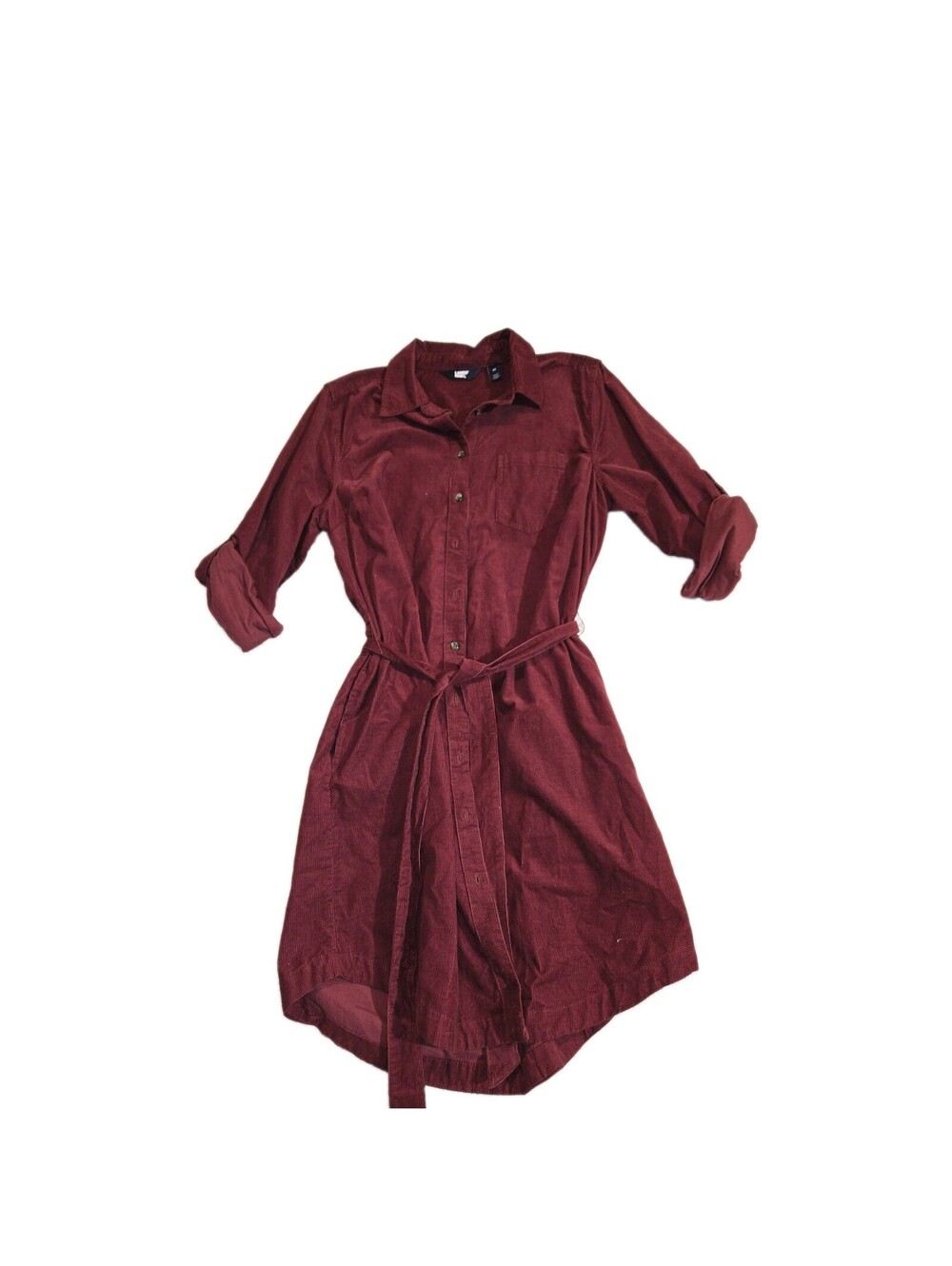 Lands End Women's Corduroy Shirt Dress Sz M Burgundy Pockets Belted Roll Tab...